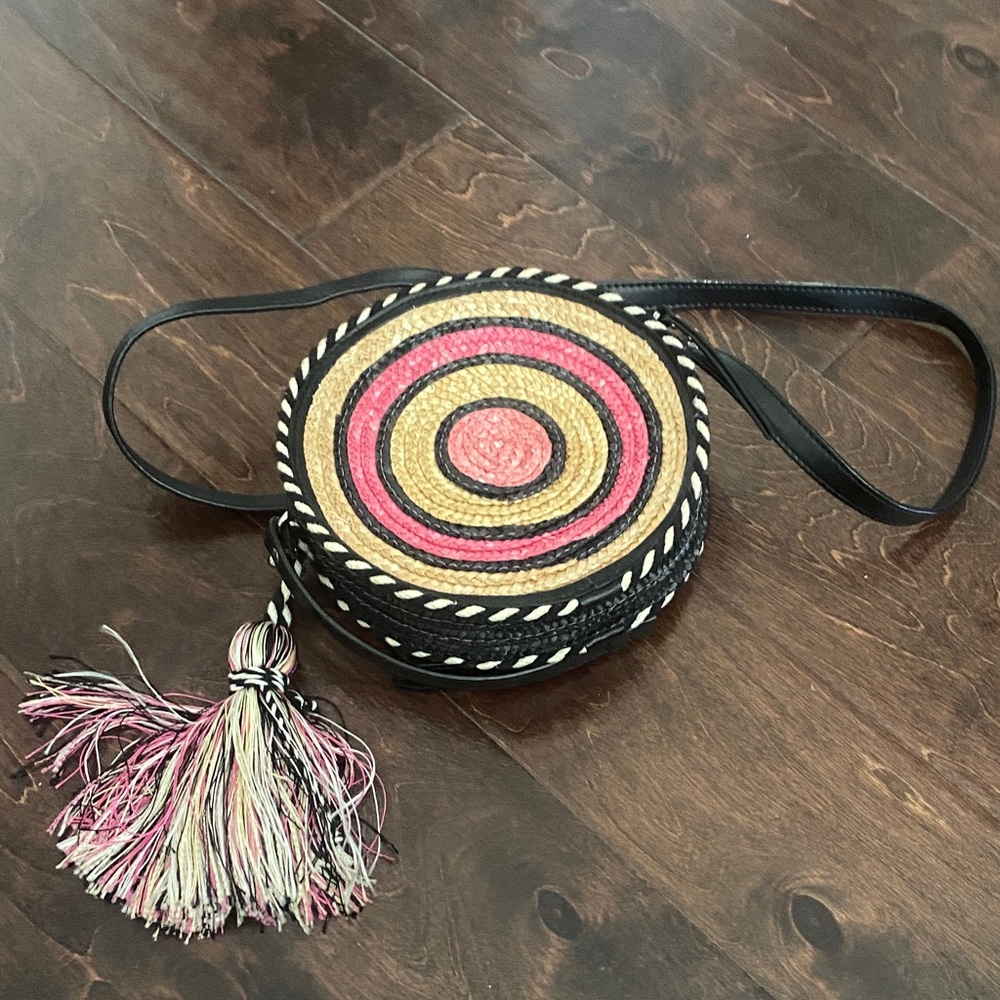 Rebecca Minkoff Black and Pink Round Straw Crossbody Bag